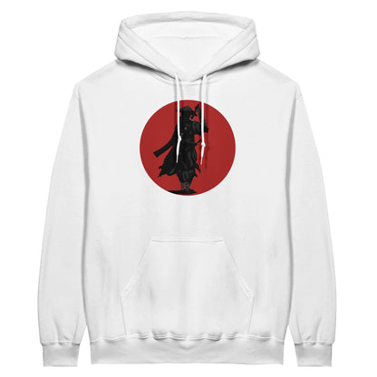 White value hoodie featuring a print of a lone ronin, depicted in silhouette, standing with a sword in front of a red circle backdrop.