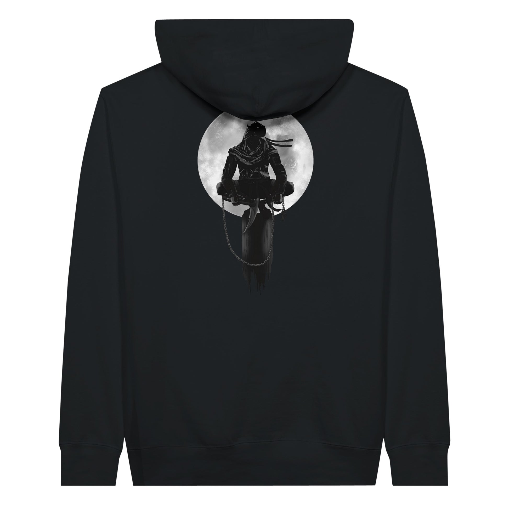 Black premium hoodie with a print of a shinobi perched on a pole against a full moon background.