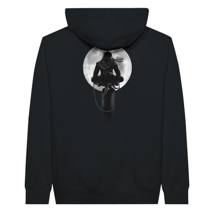 Black premium hoodie with a print of a shinobi perched on a pole against a full moon background.