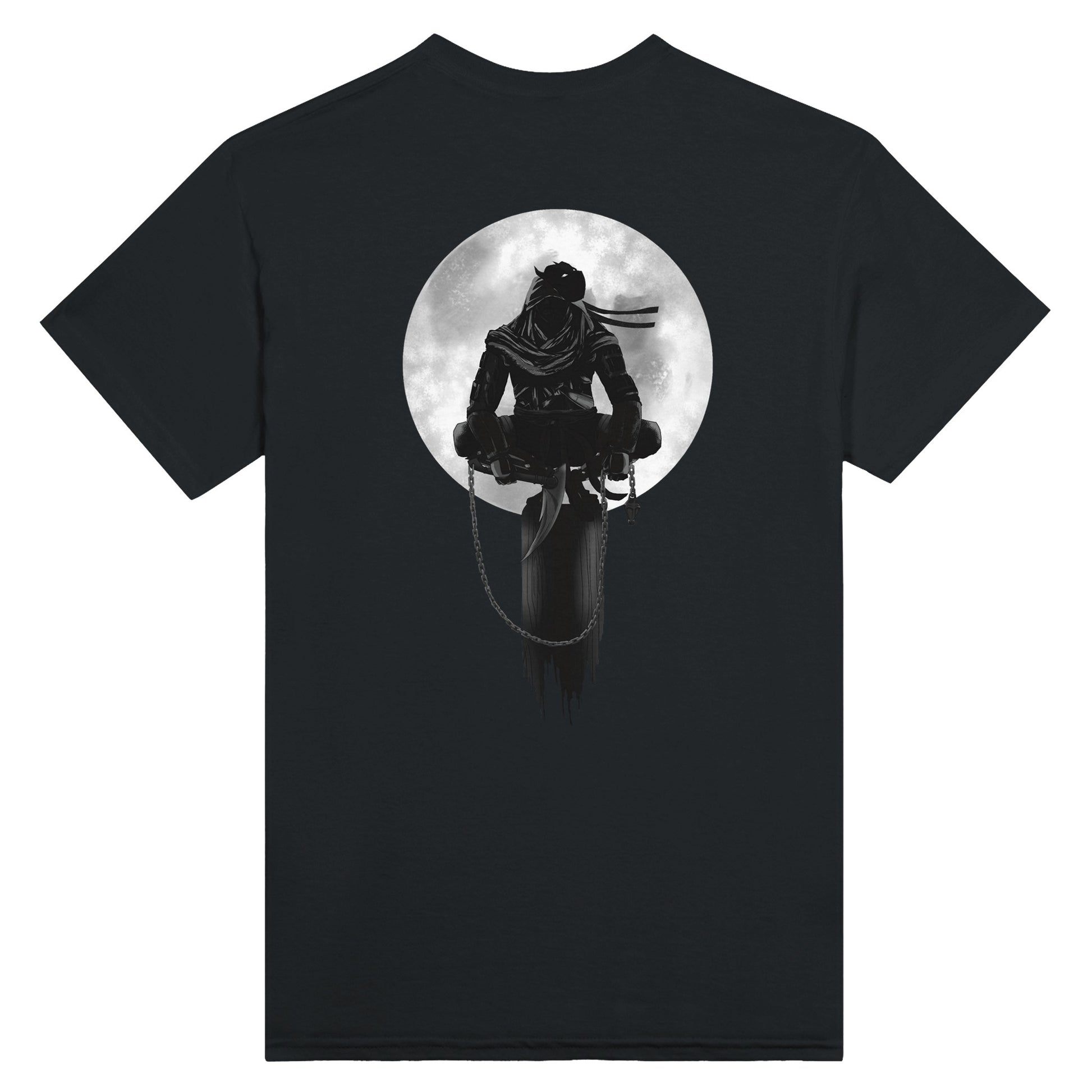 Black t-shirt with a print of a shinobi perched on a pole against a full moon background.