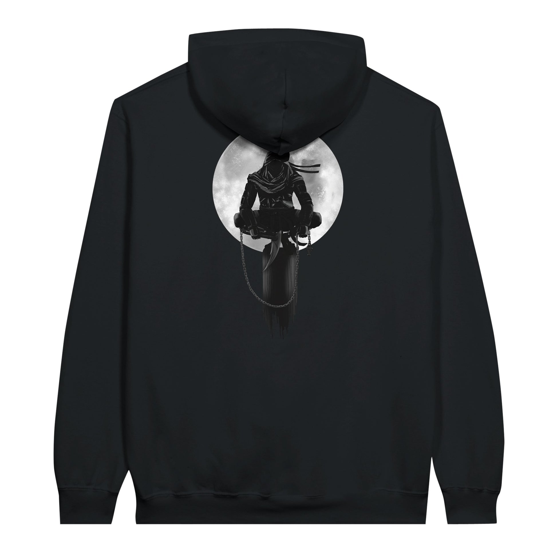 Black value hoodie with a print of a shinobi perched on a pole against a full moon background.