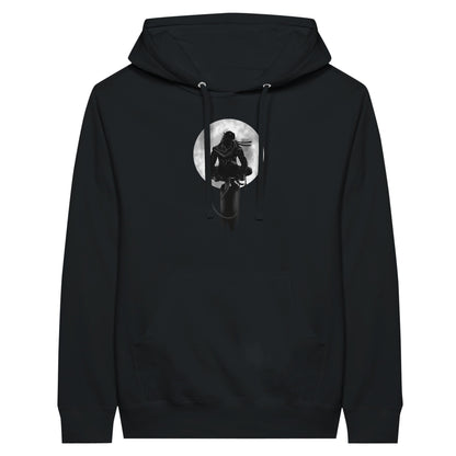 Black premium hoodie with a print of a shinobi perched on a pole against a full moon background.