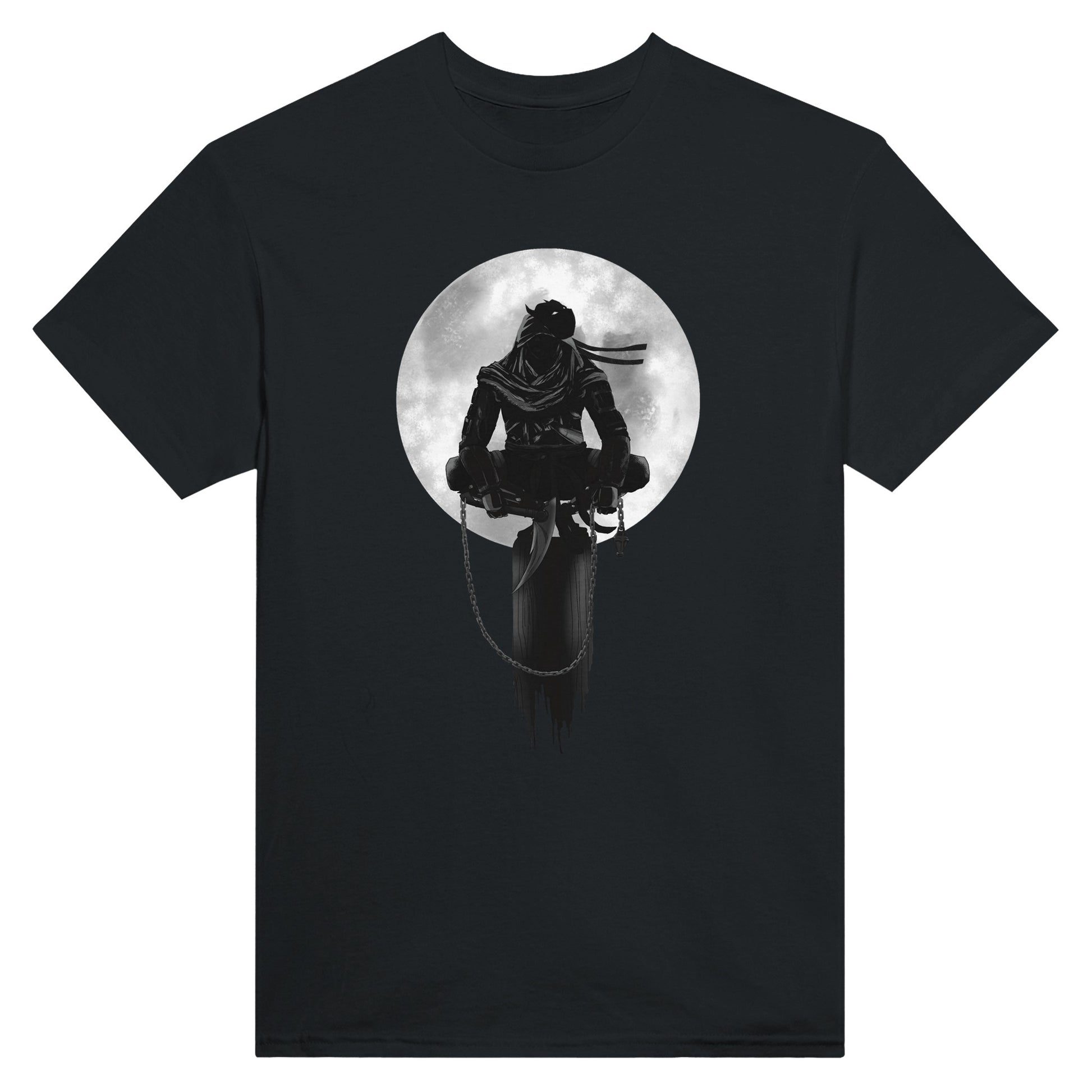 Black t-shirt with a print of a shinobi perched on a pole against a full moon background.