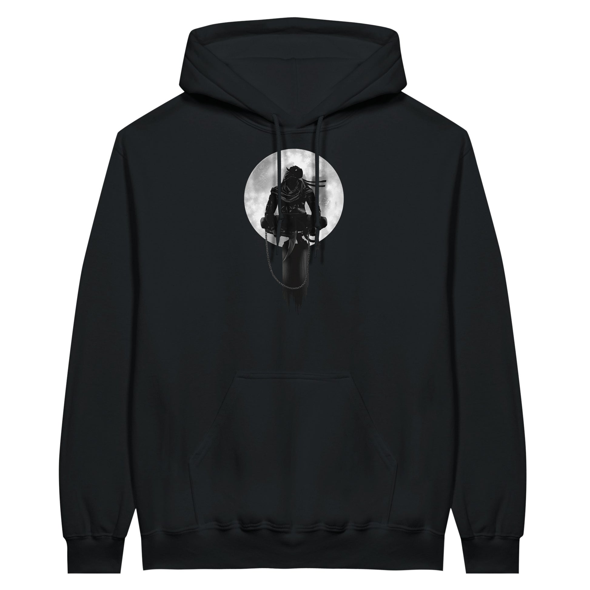 Black value hoodie with a print of a shinobi perched on a pole against a full moon background.