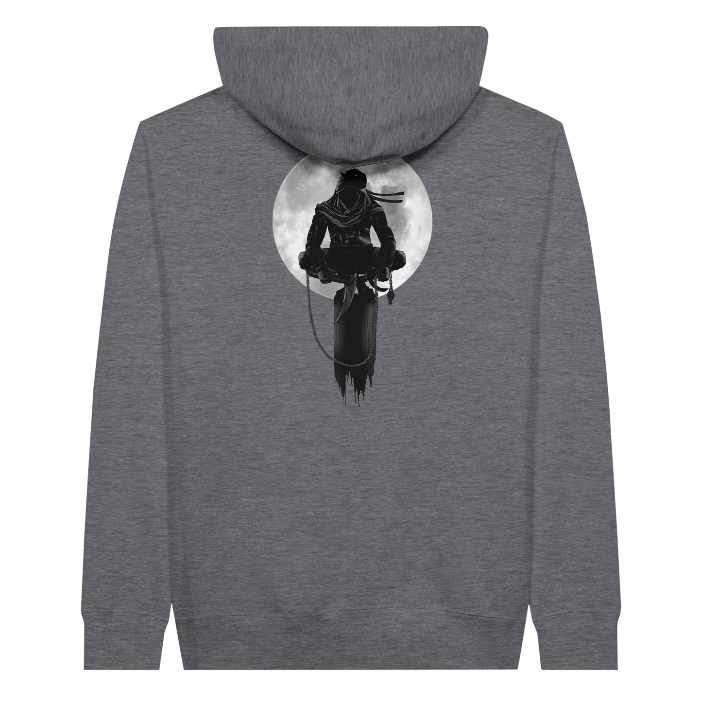 Charcoal heather coloured premium hoodie with a print of a shinobi perched on a pole against a full moon background.