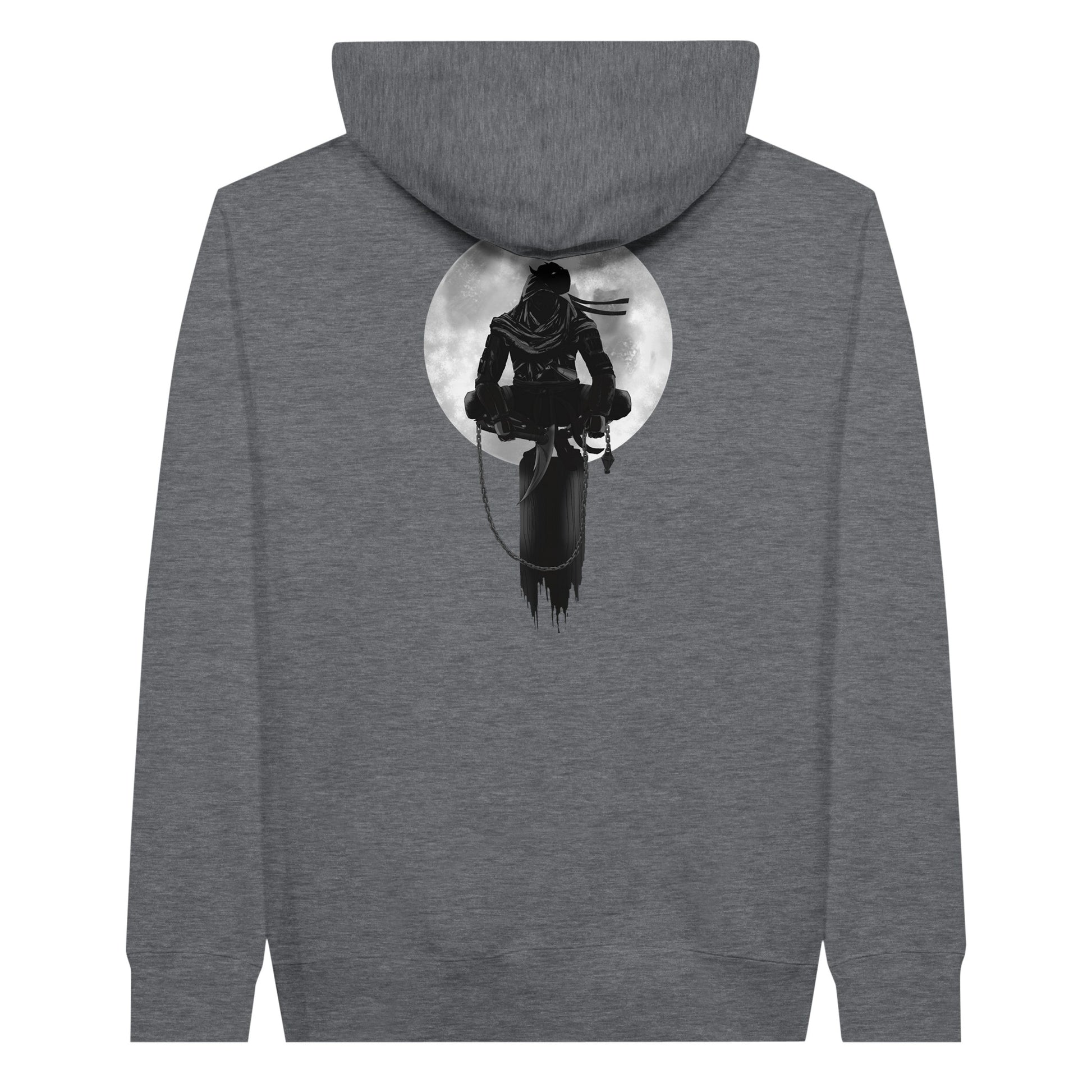 Charcoal heather coloured premium hoodie with a print of a shinobi perched on a pole against a full moon background.