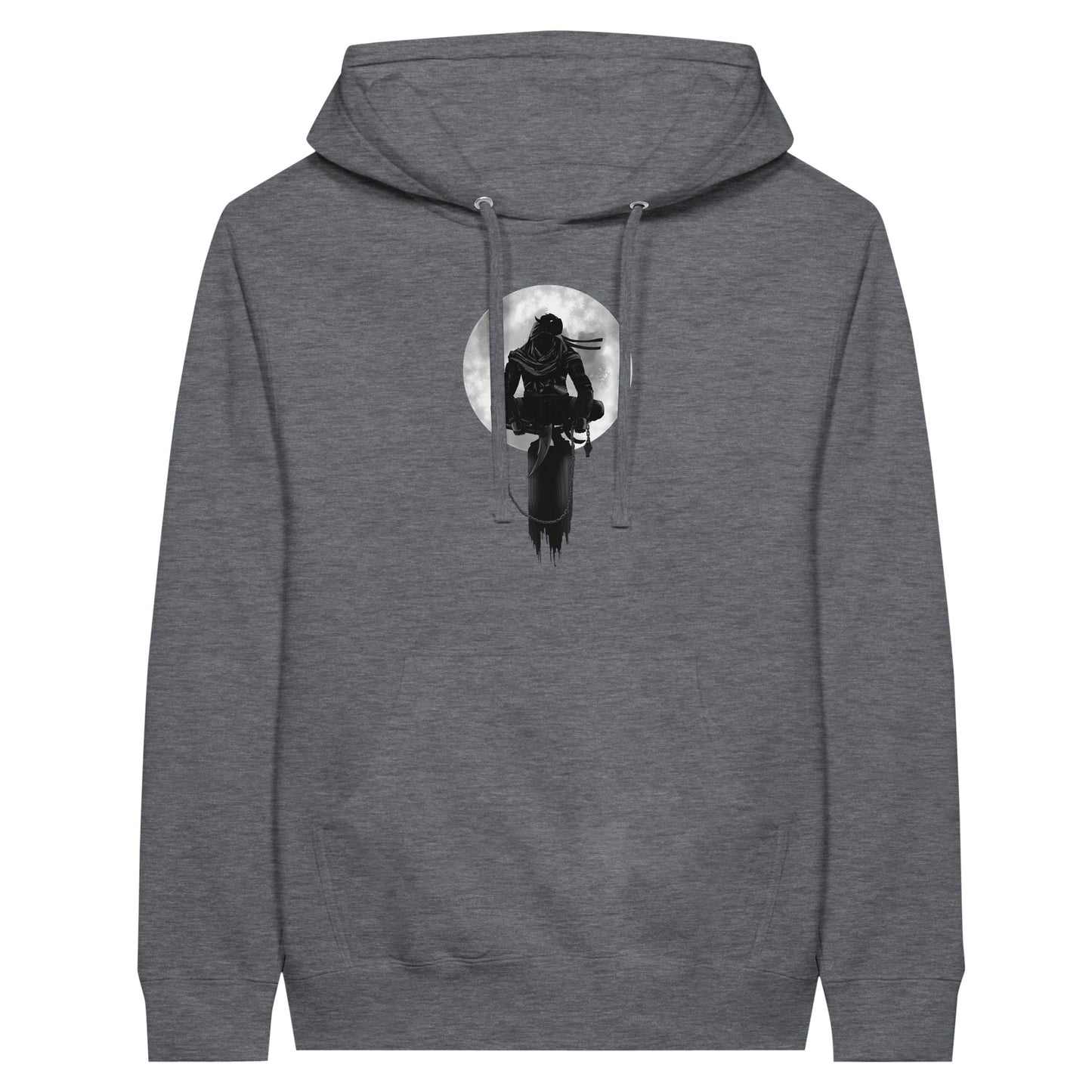 Charcoal heather coloured premium hoodie with a print of a shinobi perched on a pole against a full moon background.