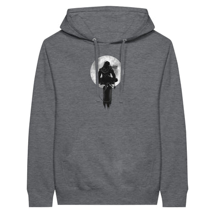 Charcoal heather coloured premium hoodie with a print of a shinobi perched on a pole against a full moon background.