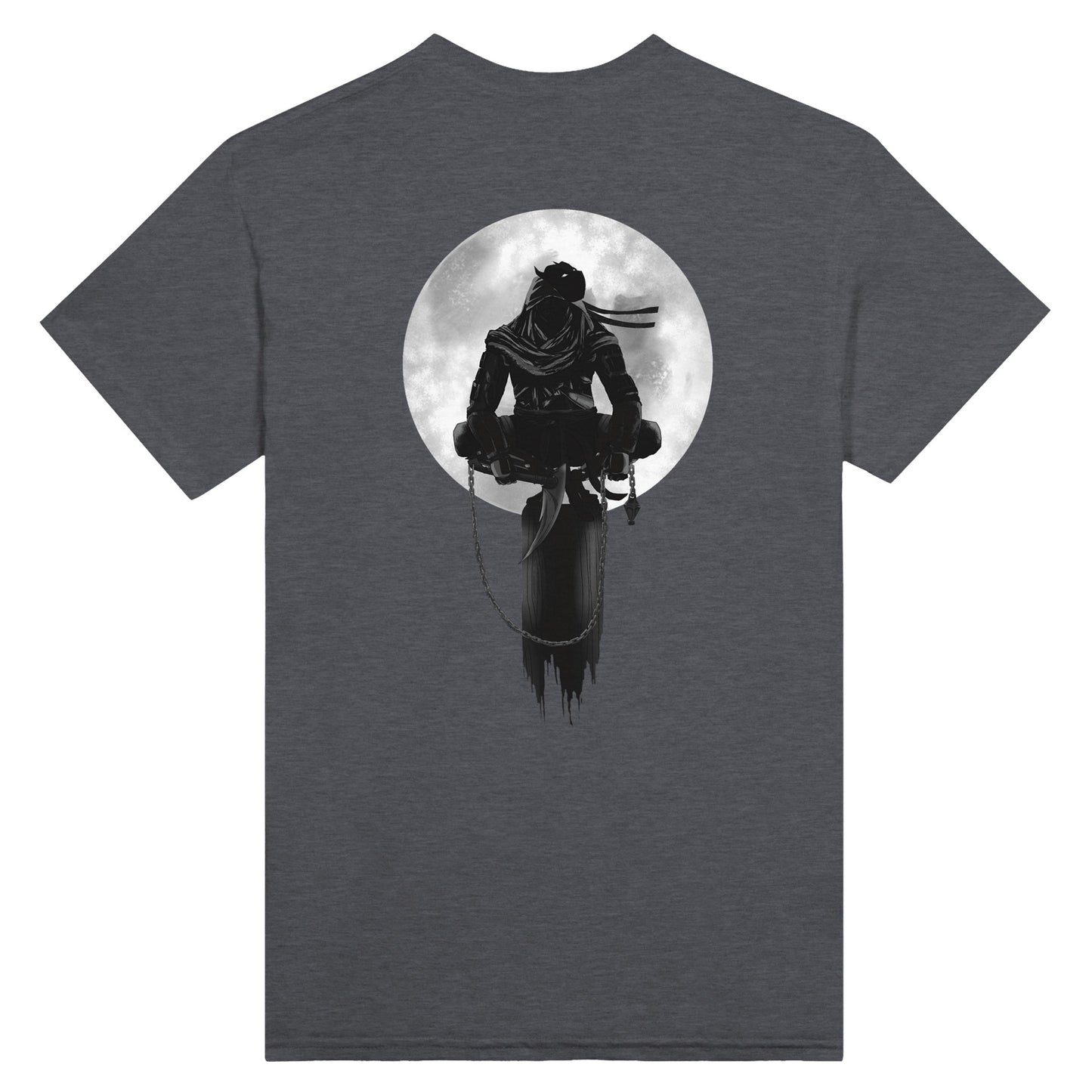 Dark heather coloured t-shirt with a print of a shinobi perched on a pole against a full moon background.