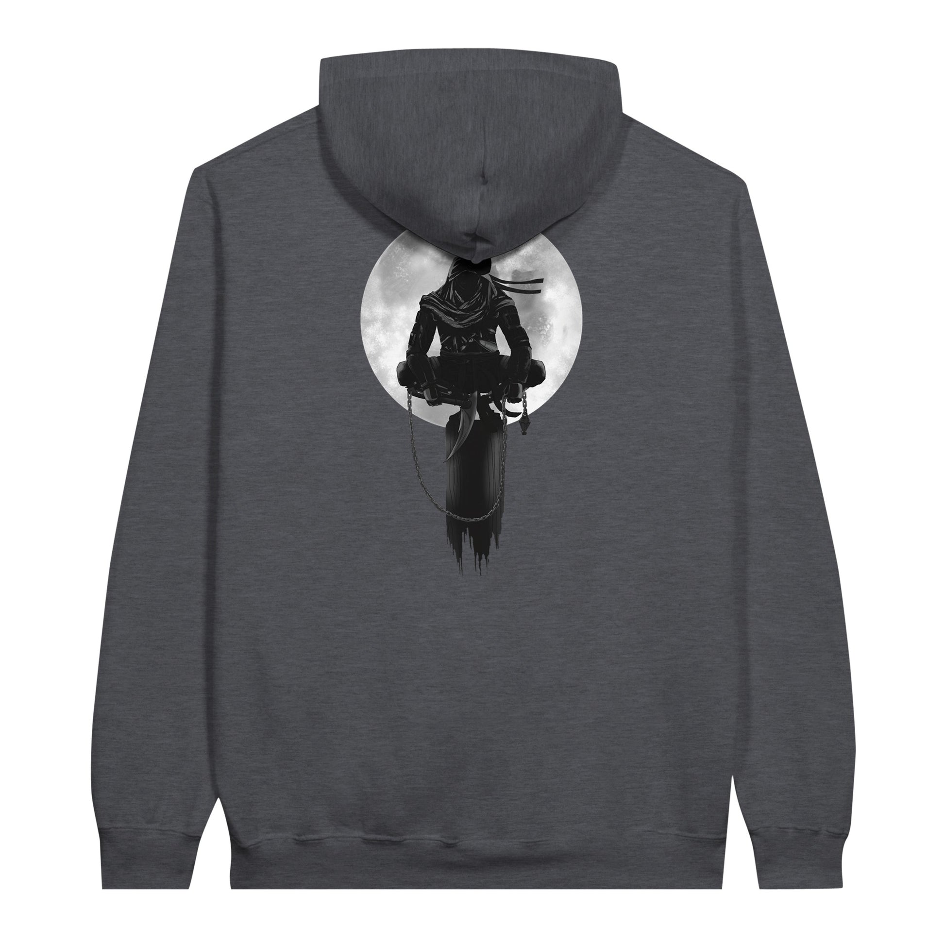 Dark heather coloured value hoodie with a print of a shinobi perched on a pole against a full moon background.