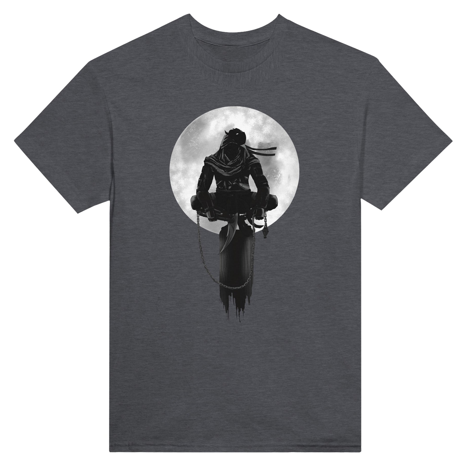 Dark heather coloured t-shirt with a print of a shinobi perched on a pole against a full moon background.