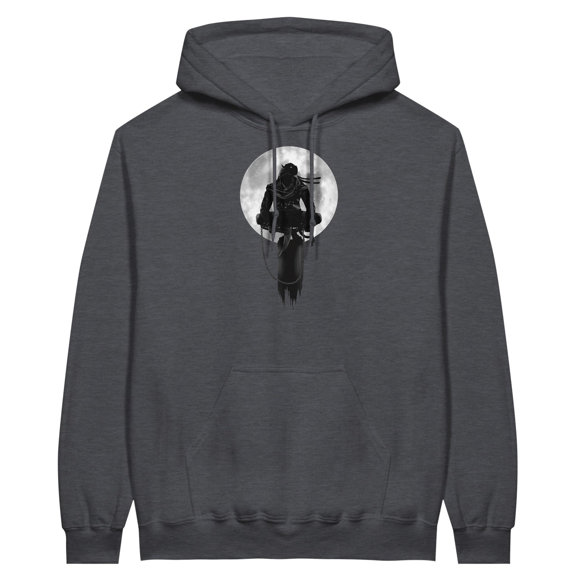 Dark heather coloured value hoodie with a print of a shinobi perched on a pole against a full moon background.