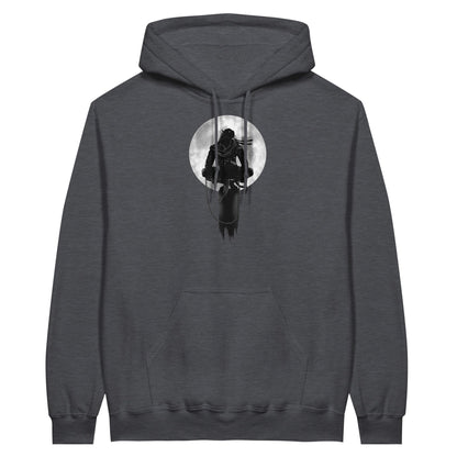 Dark heather coloured value hoodie with a print of a shinobi perched on a pole against a full moon background.