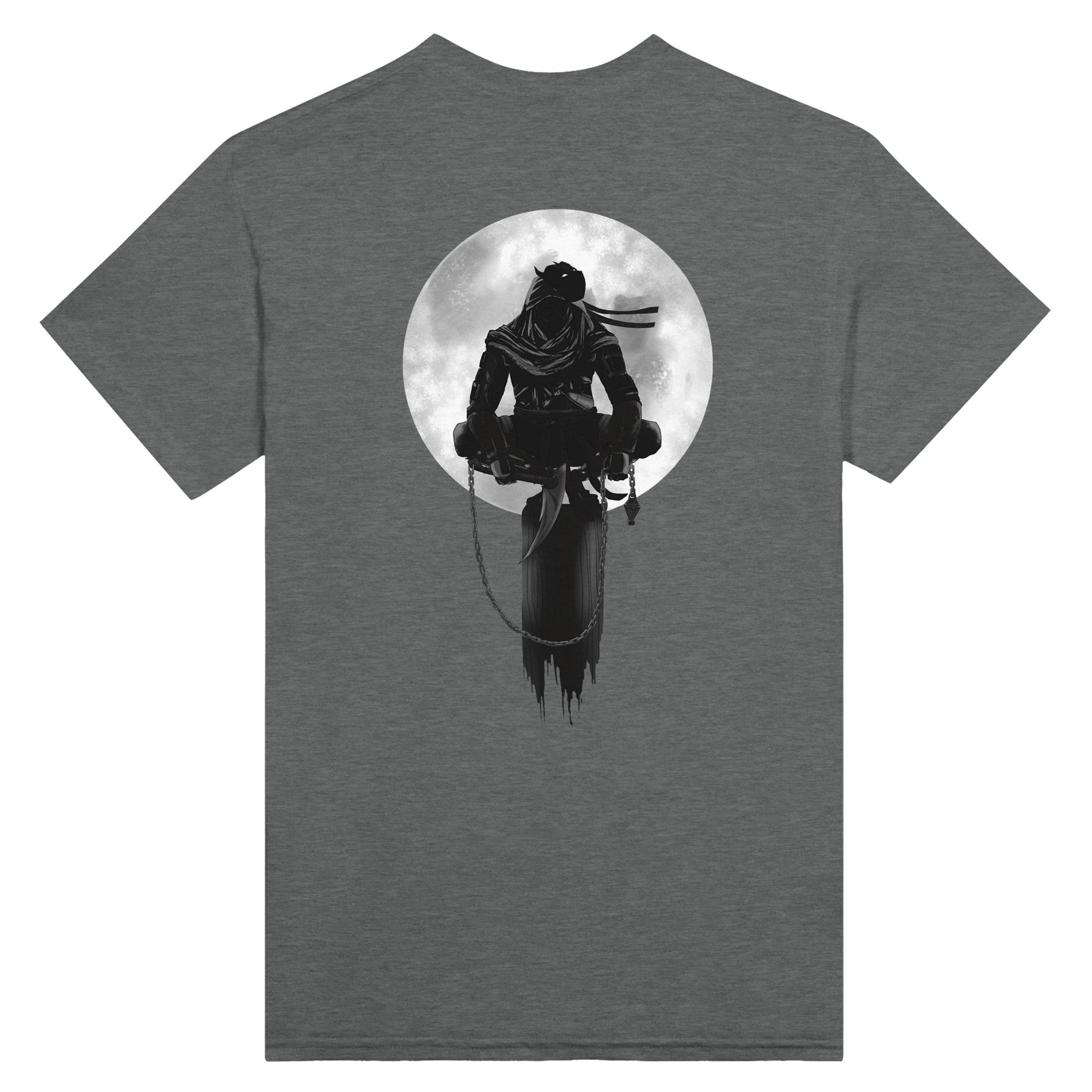 Graphite heather coloured t-shirt with a print of a shinobi perched on a pole against a full moon background.