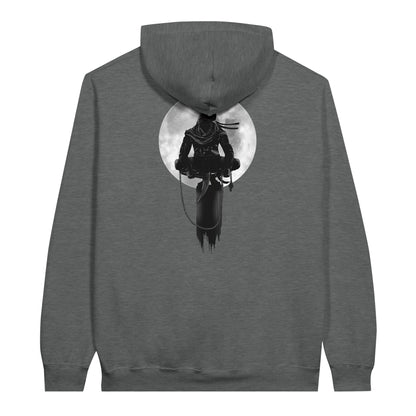 Graphite heather coloured value hoodie with a print of a shinobi perched on a pole against a full moon background.