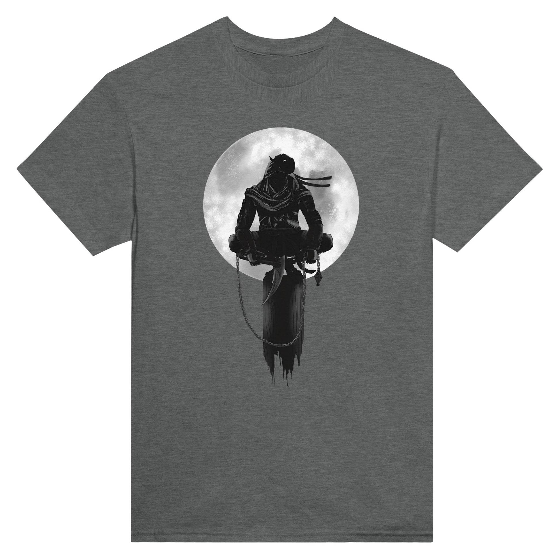 Graphite heather coloured t-shirt with a print of a shinobi perched on a pole against a full moon background.