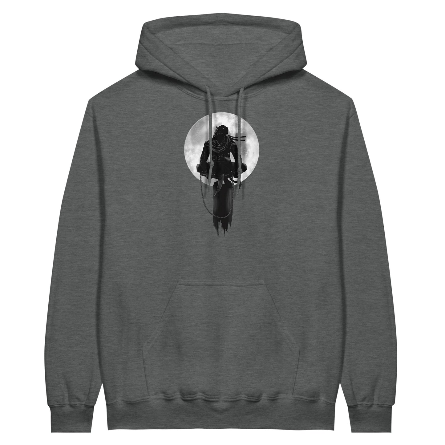 Graphite heather coloured value hoodie with a print of a shinobi perched on a pole against a full moon background.