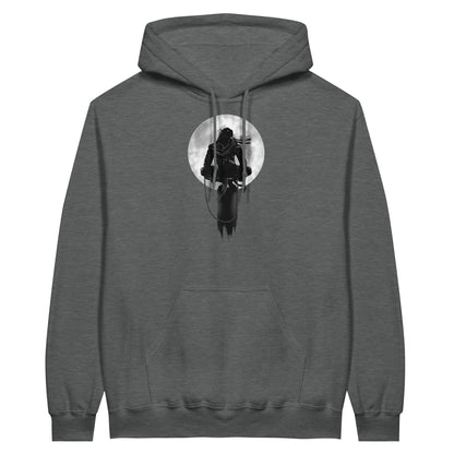 Graphite heather coloured value hoodie with a print of a shinobi perched on a pole against a full moon background.