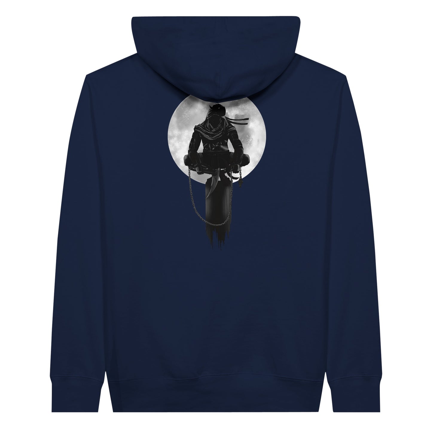 Navy premium hoodie with a print of a shinobi perched on a pole against a full moon background.