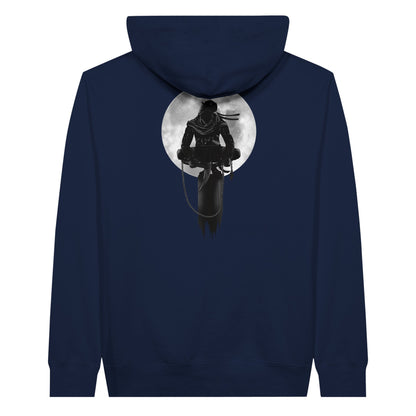 Navy premium hoodie with a print of a shinobi perched on a pole against a full moon background.