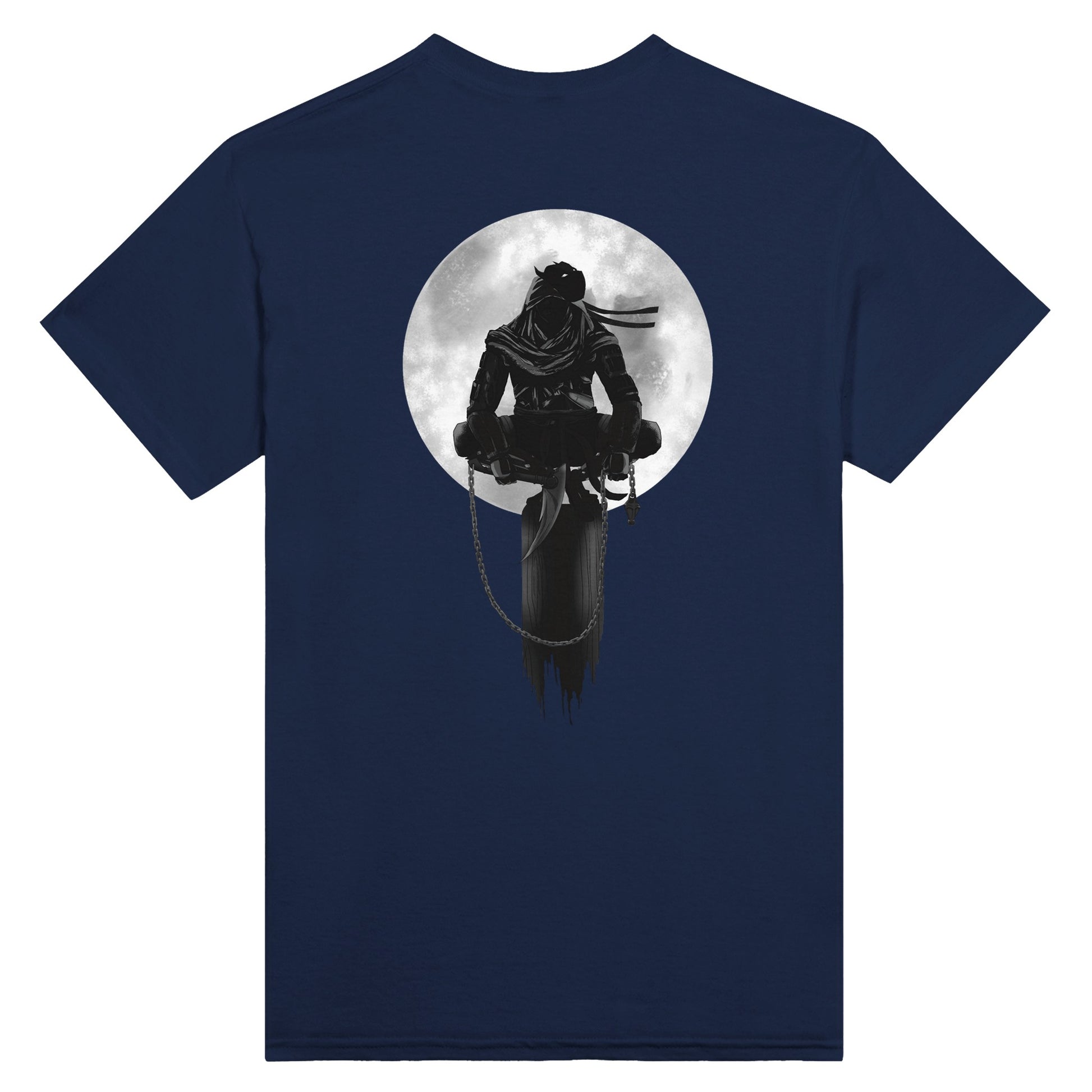 Navy t-shirt with a print of a shinobi perched on a pole against a full moon background.