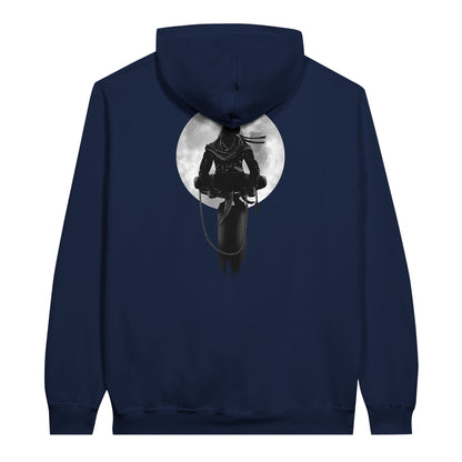 Navy value hoodie with a print of a shinobi perched on a pole against a full moon background.