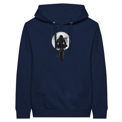 Navy premium hoodie with a print of a shinobi perched on a pole against a full moon background.