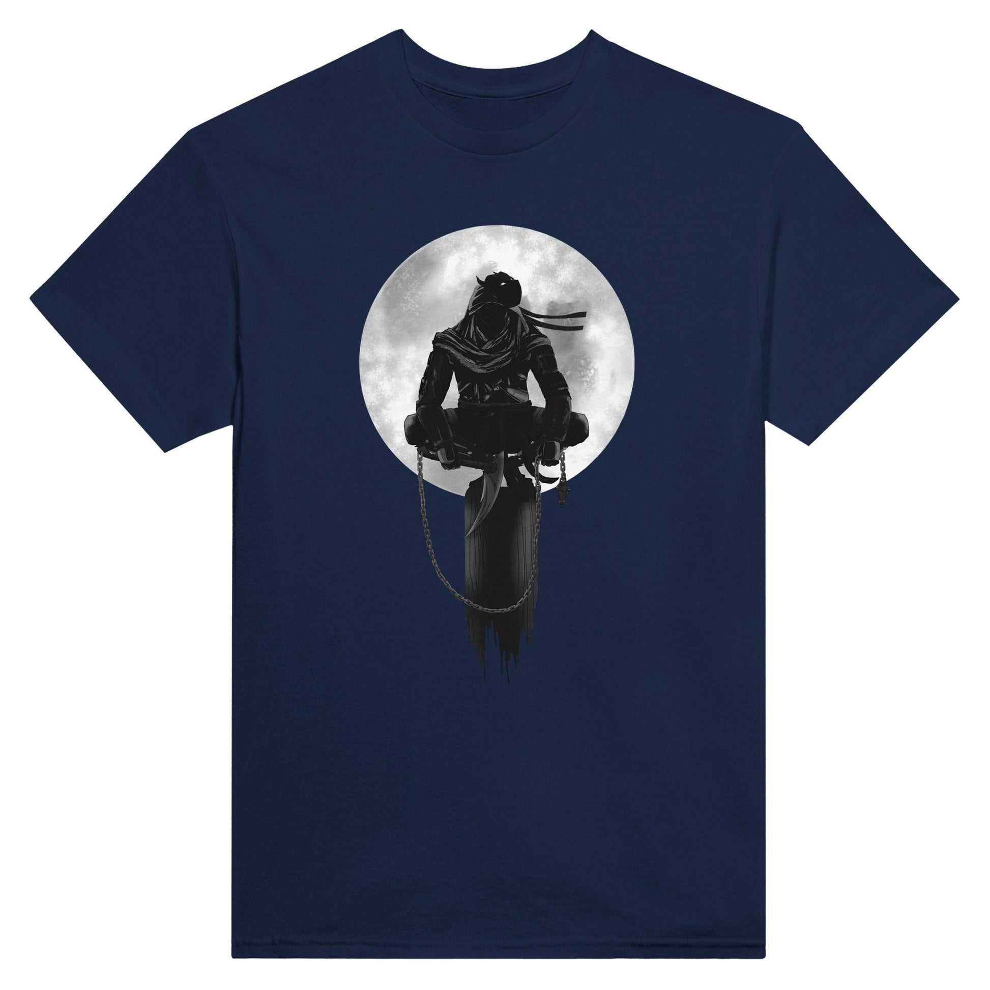 Navy t-shirt with a print of a shinobi perched on a pole against a full moon background.