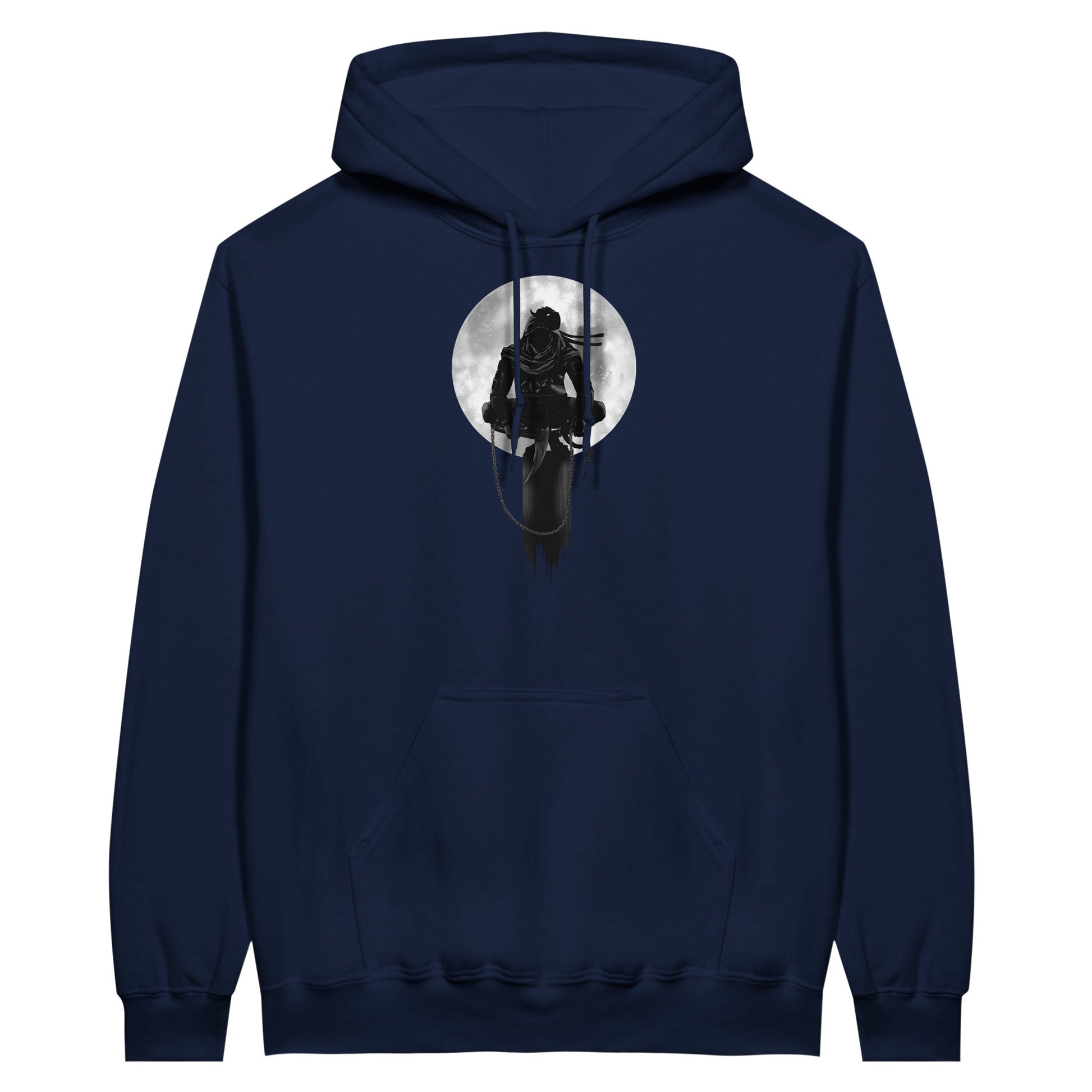 Navy value hoodie with a print of a shinobi perched on a pole against a full moon background.