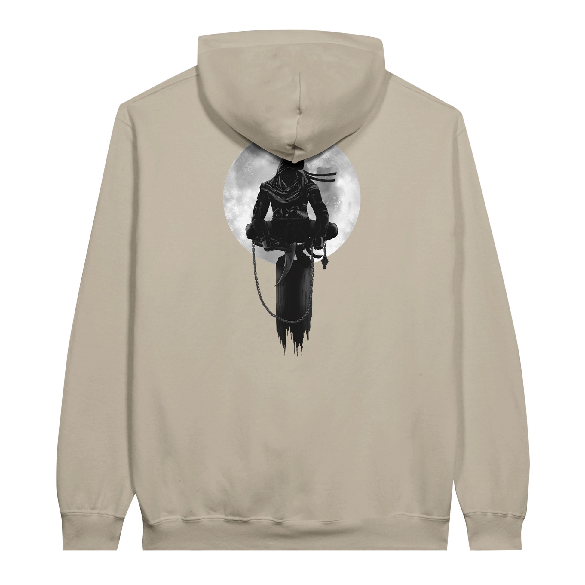 Sand coloured value hoodie with a print of a shinobi perched on a pole against a full moon background.