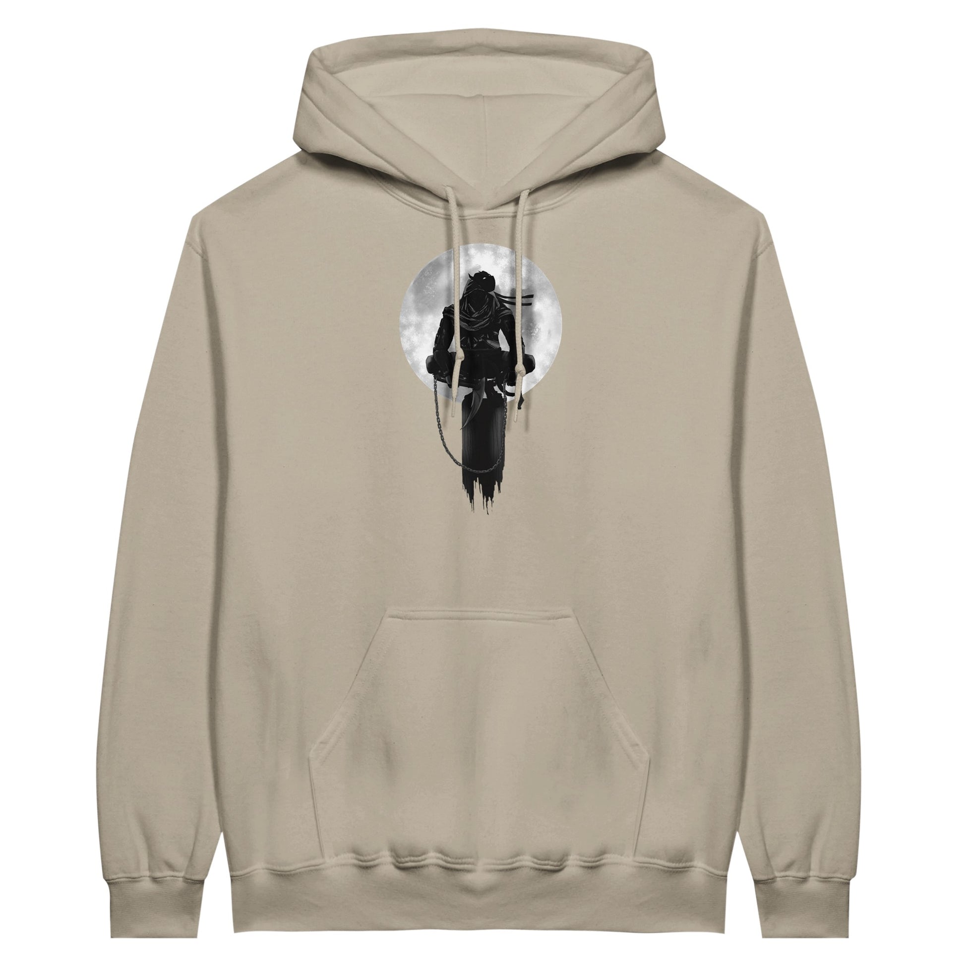 Sand coloured value hoodie with a print of a shinobi perched on a pole against a full moon background.