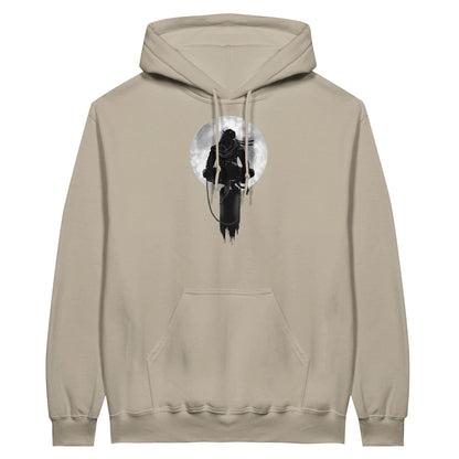 Sand coloured value hoodie with a print of a shinobi perched on a pole against a full moon background.