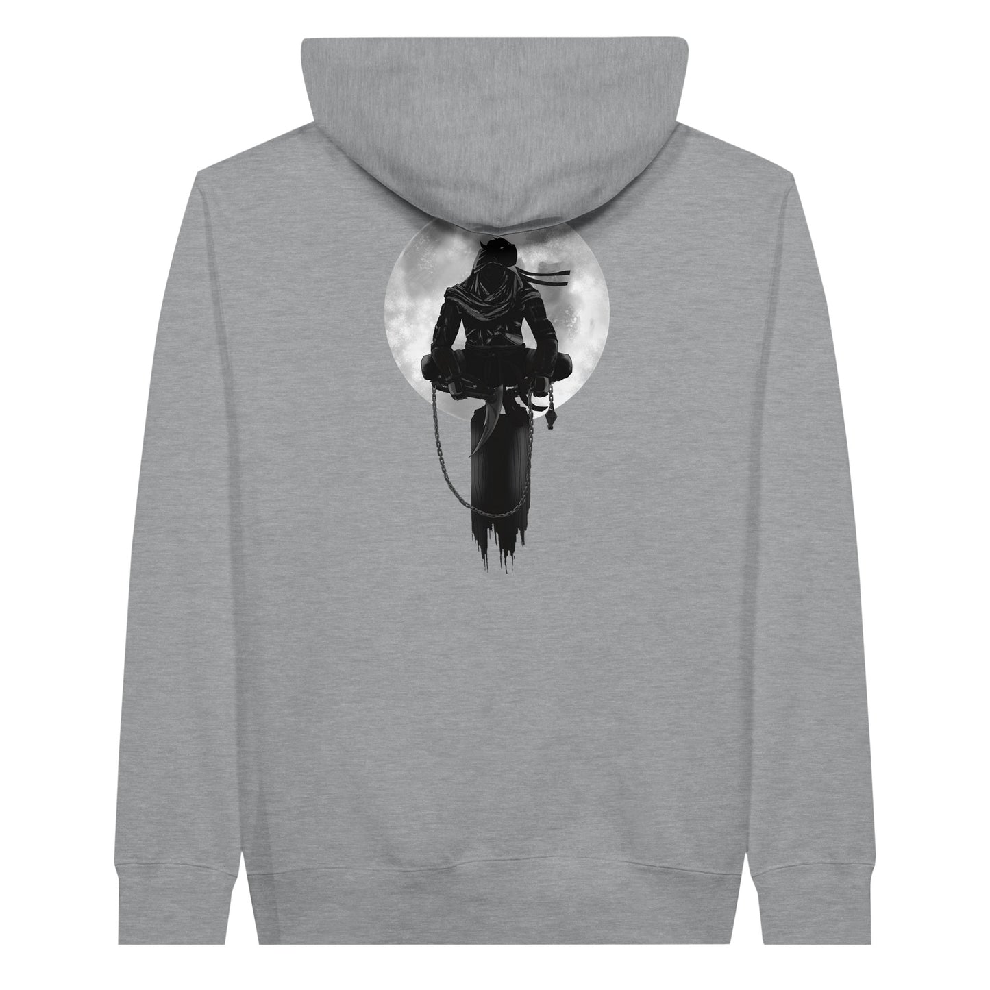 Sports grey coloured premium hoodie with a print of a shinobi perched on a pole against a full moon background.