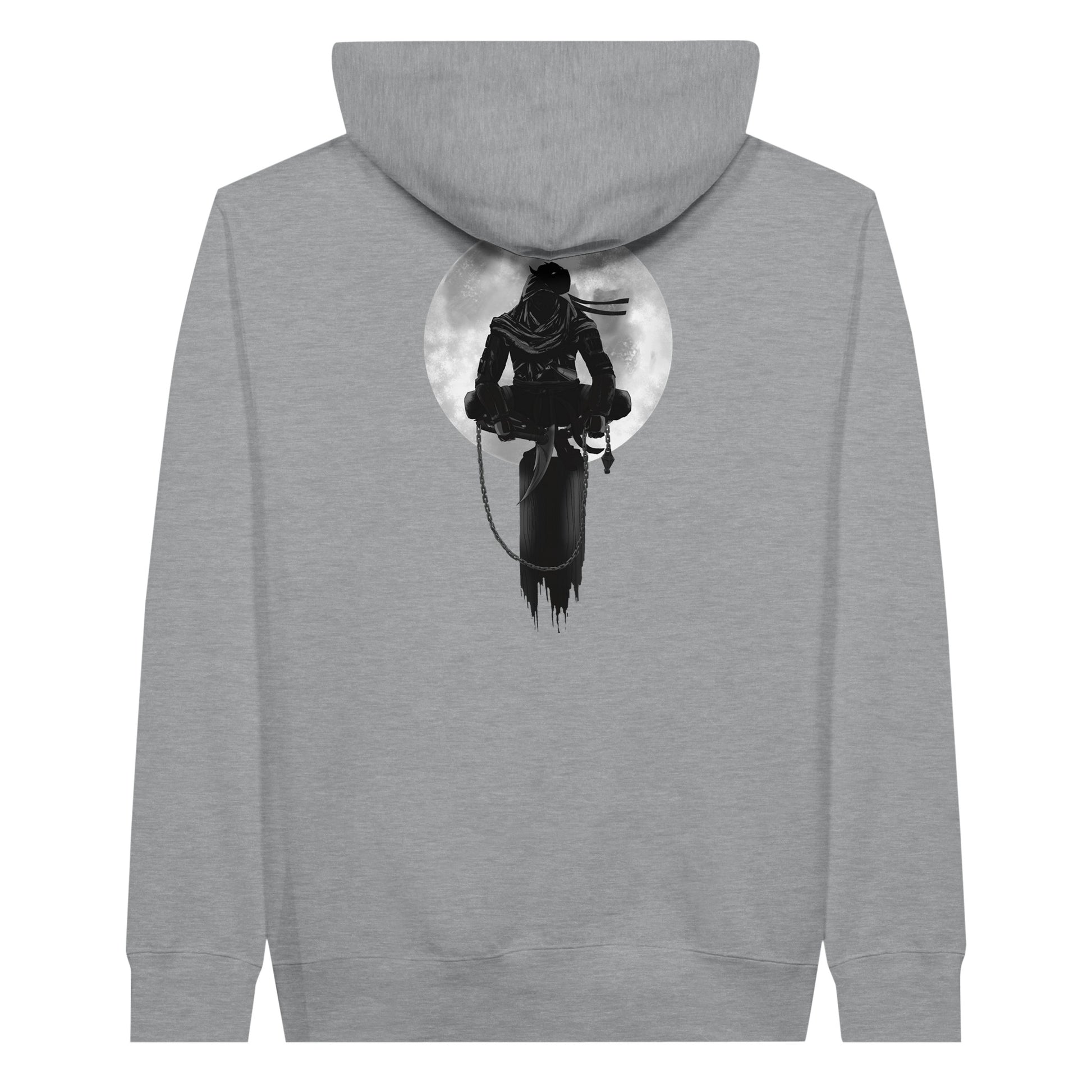 Sports grey coloured premium hoodie with a print of a shinobi perched on a pole against a full moon background.