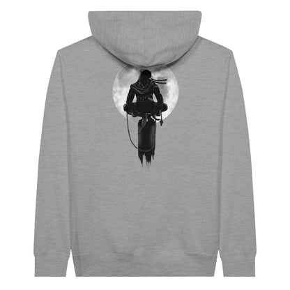 Sports grey coloured premium hoodie with a print of a shinobi perched on a pole against a full moon background.