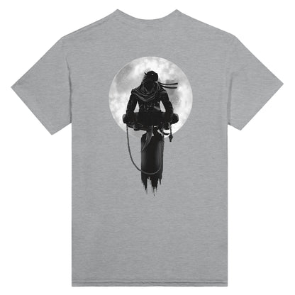 Sports grey coloured t-shirt with a print of a shinobi perched on a pole against a full moon background.