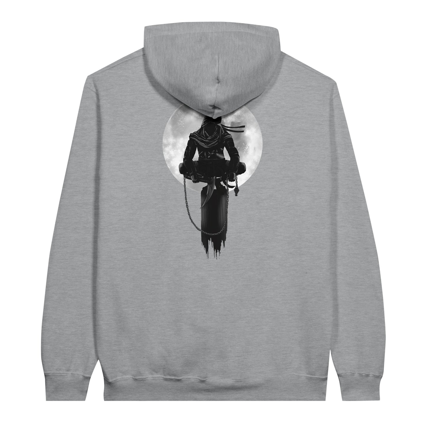 Sports grey coloured value hoodie with a print of a shinobi perched on a pole against a full moon background.