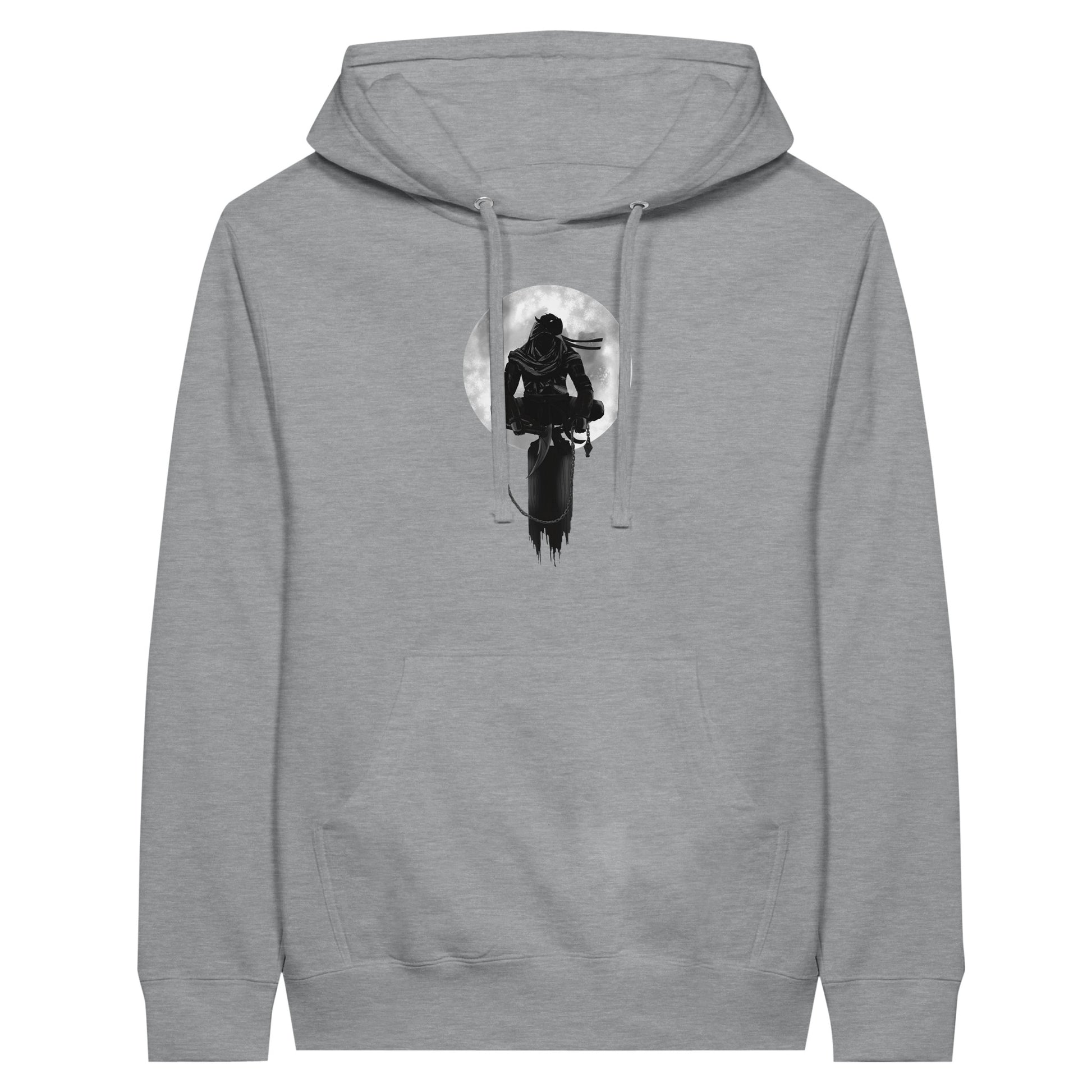 Sports grey coloured premium hoodie with a print of a shinobi perched on a pole against a full moon background.