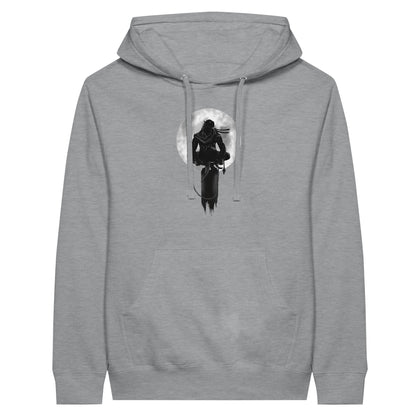 Sports grey coloured premium hoodie with a print of a shinobi perched on a pole against a full moon background.