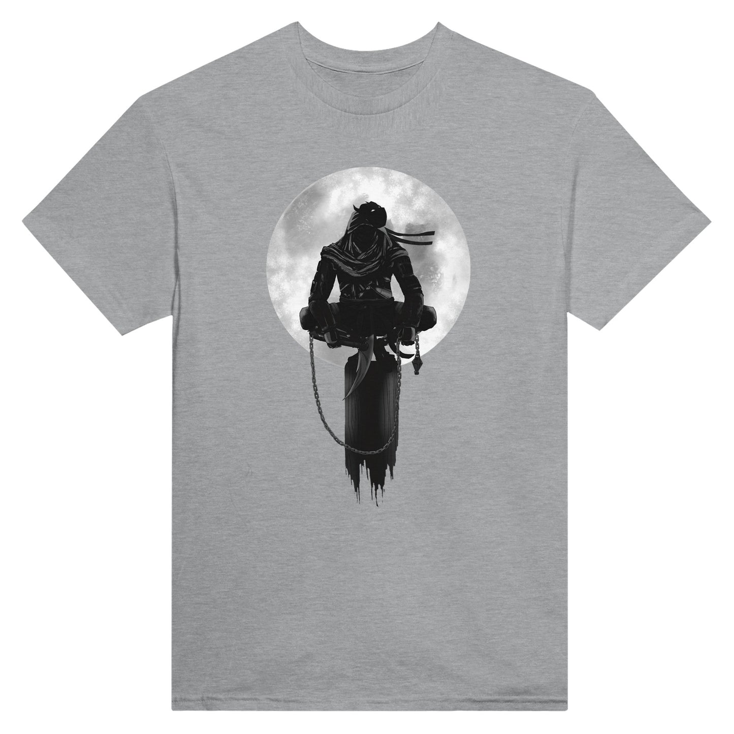 Sports grey coloured t-shirt with a print of a shinobi perched on a pole against a full moon background.