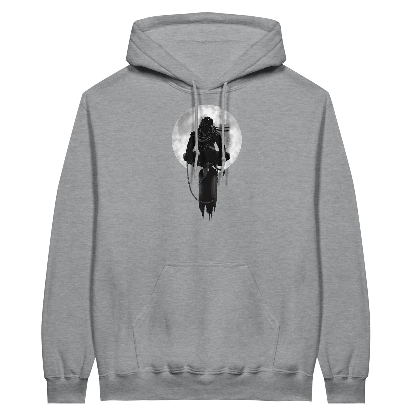 Sports grey coloured value hoodie with a print of a shinobi perched on a pole against a full moon background.