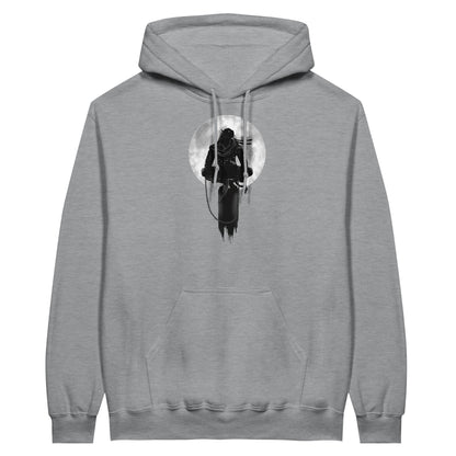 Sports grey coloured value hoodie with a print of a shinobi perched on a pole against a full moon background.