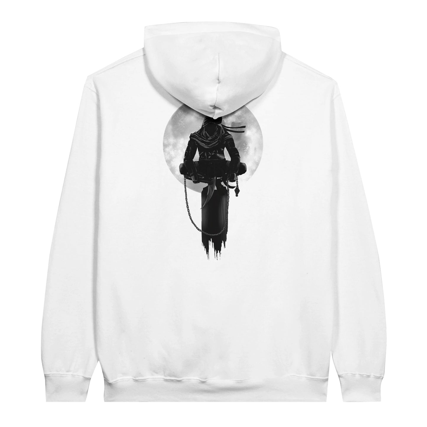 White value hoodie featuring a print of two silhouetted figures fishing from a boat on a lake, with a full moon, mountains, and trees in the background.