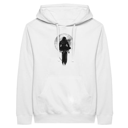 White premium hoodie with a print of a shinobi perched on a pole against a full moon background.