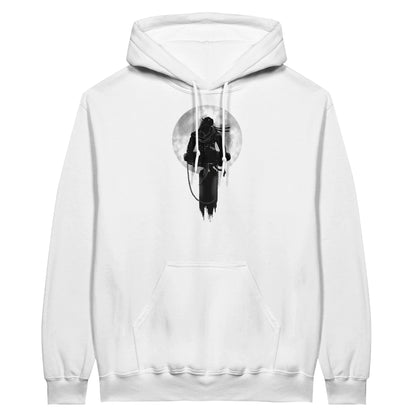 White value hoodie featuring a print of two silhouetted figures fishing from a boat on a lake, with a full moon, mountains, and trees in the background.