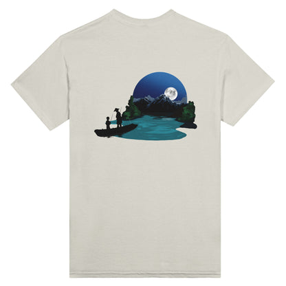 Ash t-shirt featuring a print of two silhouetted figures fishing from a boat on a lake, with a full moon, mountains, and trees in the background.