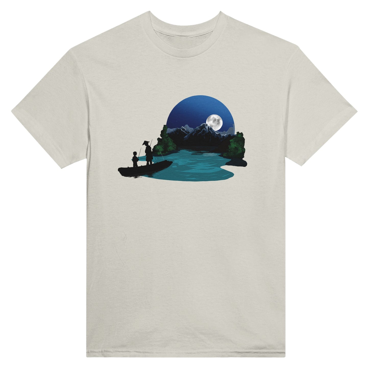 Ash coloured t-shirt featuring a print of two silhouetted figures fishing from a boat on a lake, with a full moon, mountains, and trees in the background.