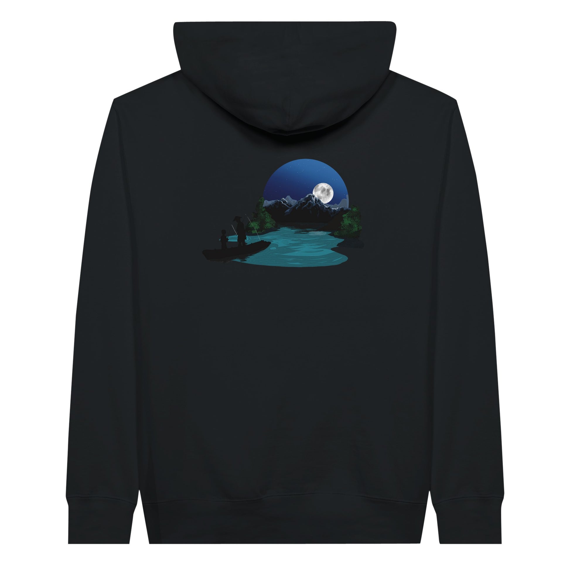 Black premium hoodie featuring a print of two silhouetted figures fishing from a boat on a lake, with a full moon, mountains, and trees in the background