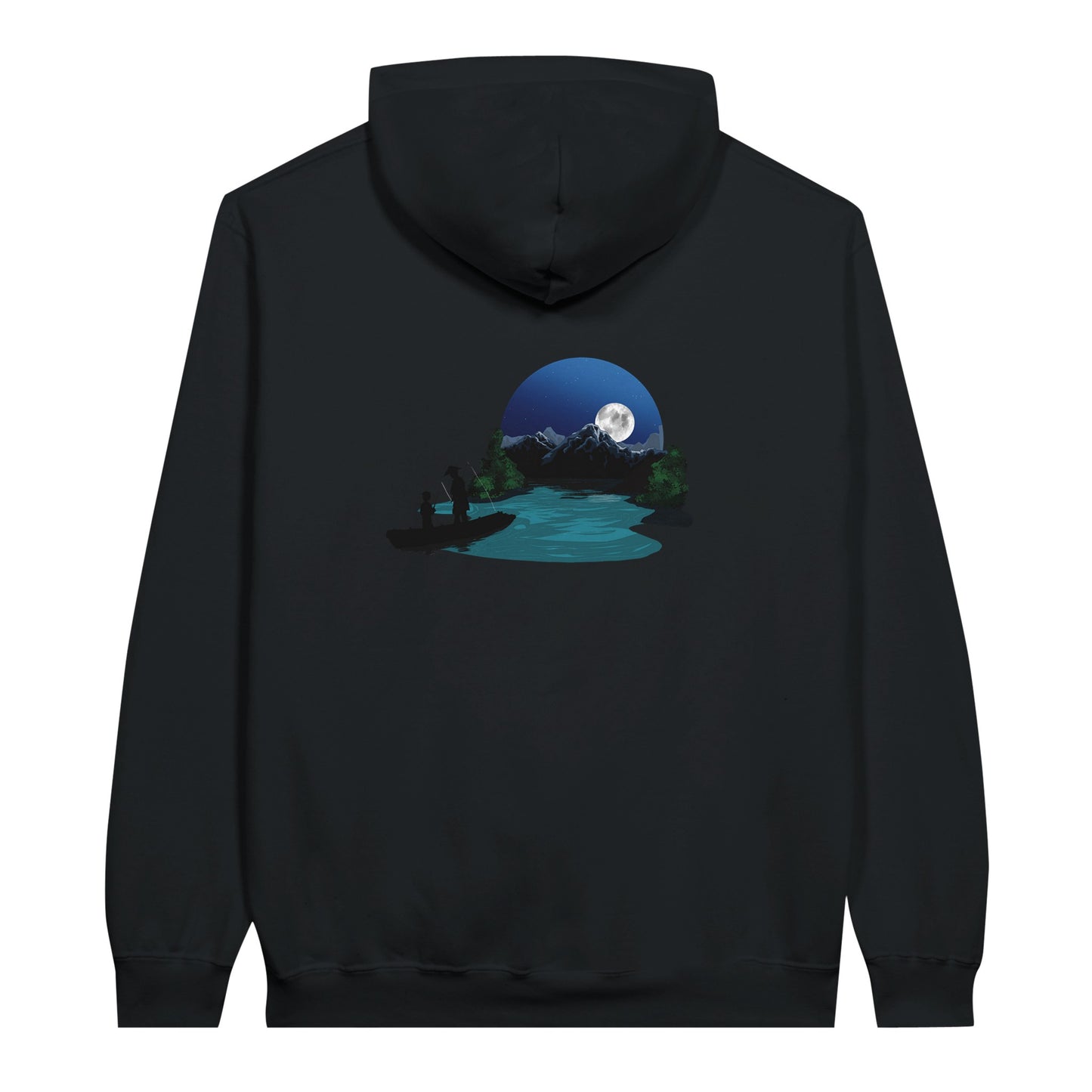 Black value hoodie featuring a print of two silhouetted figures fishing from a boat on a lake, with a full moon, mountains, and trees in the background.