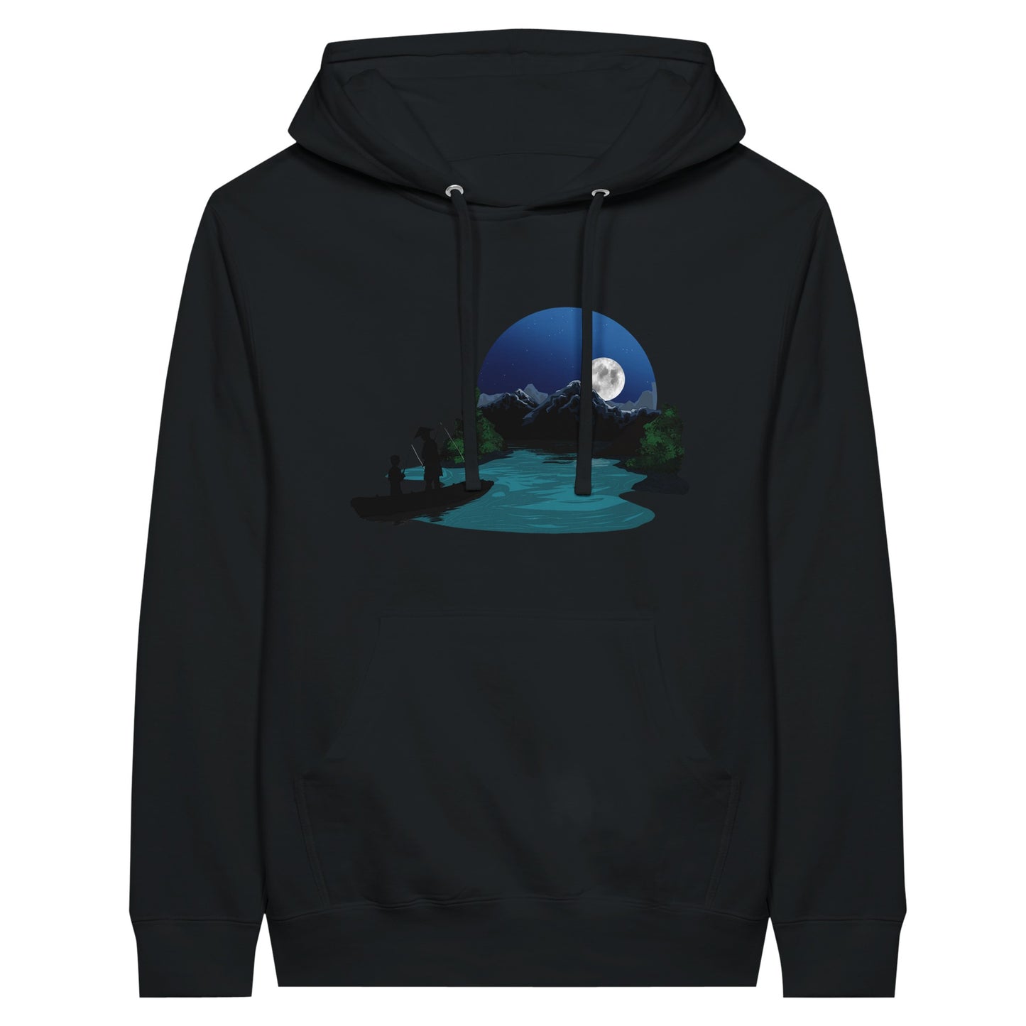 Black premium hoodie featuring a print of two silhouetted figures fishing from a boat on a lake, with a full moon, mountains, and trees in the background